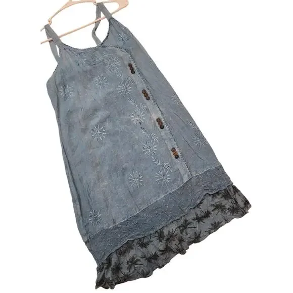 Raya Sun Chambray Swing Dress, Floral Embroidered, XL - Picture 1 of 6